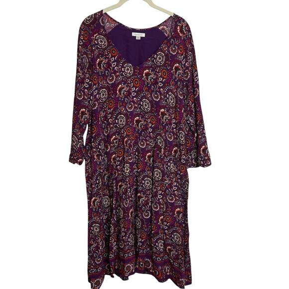 Garnet Hill Womens Dress 16 Purple Paisley Boho Knee Length 3/4 Sleeve Viscose - Picture 1 of 6